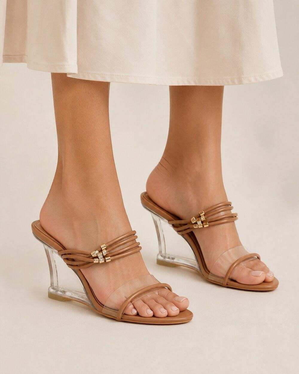 Women’s Brown/Clear Strappy Slip On Open Toe Block Heels Synthetic US 7